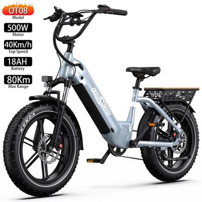 Electric Bicycle Onesport 20"x4.0" Tire 500W Motor Adult Ebike Dual Disc Brake Shimano 7 Speed LCD Display 48V 18AH Grey OT08