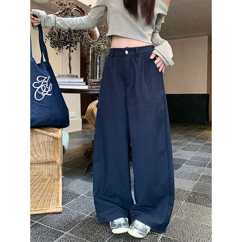 Kumikumi Retro Pure Color High Waist Draped Casual Pants Women's Clothing Fall Easiest for Match Loose Slim Looking Loose Pants