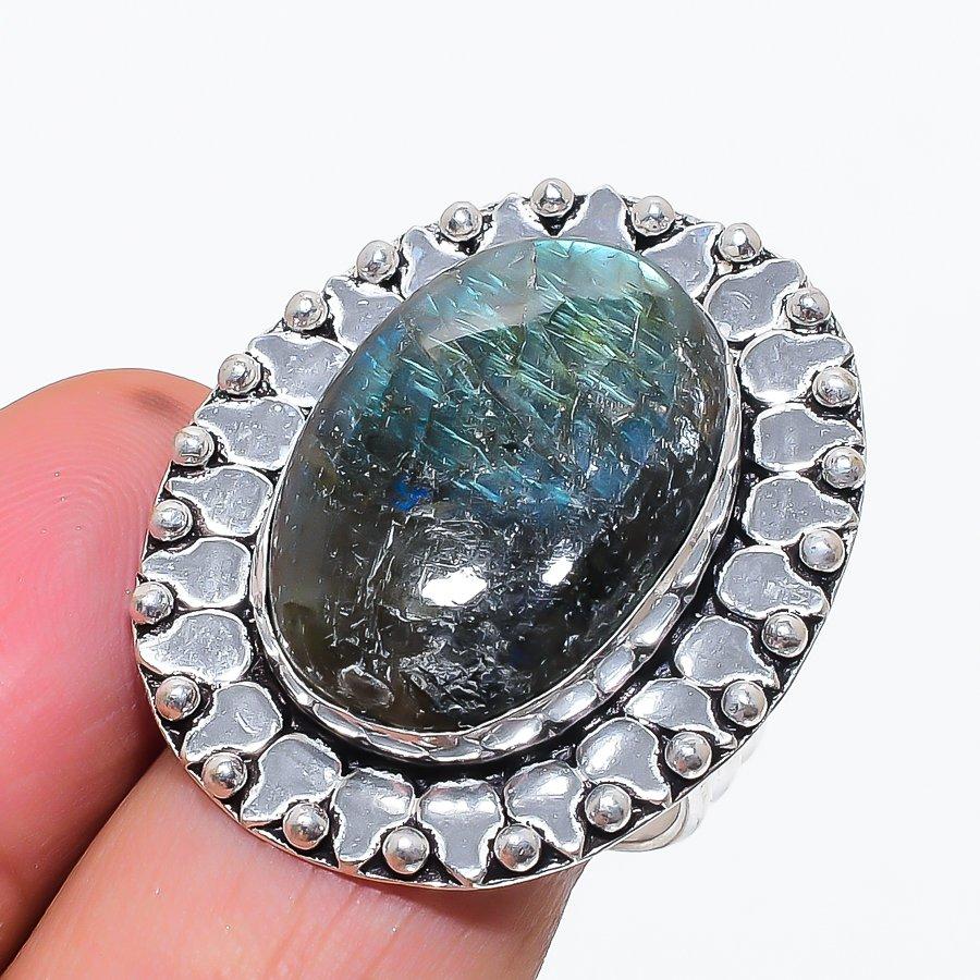 Natural Labradorite Gemstone 925 Sterling Silver Jewelry Ring Size 9 z9U78