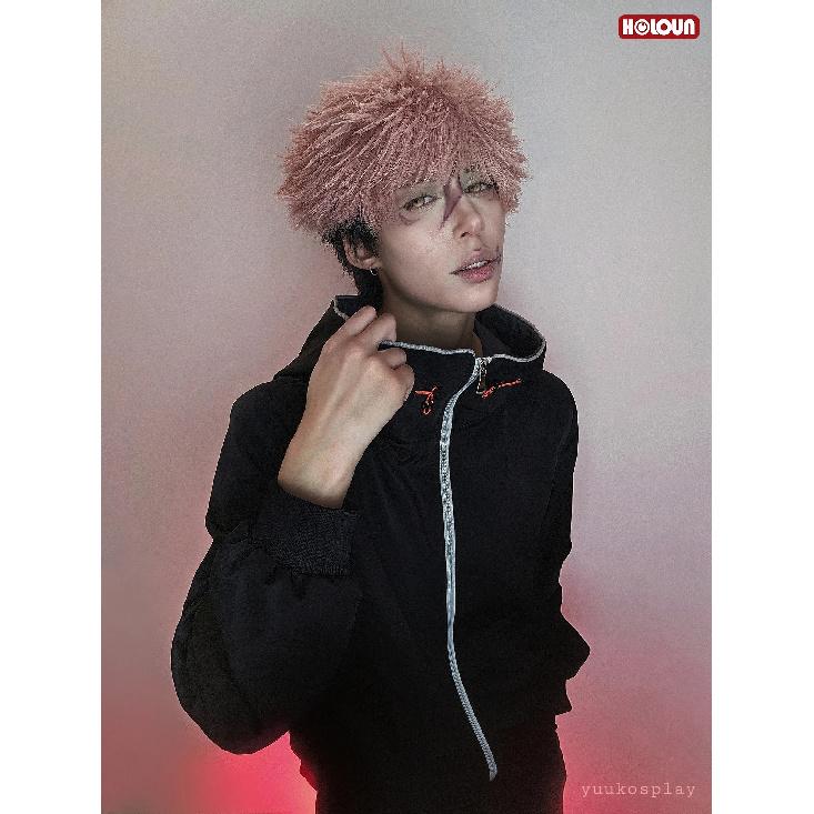 HOLOUN Jujutsu JJK Anime Itadori Yuji Cosplay Costume Wig Latest Hoodie Pants Halloween Christmas Convention Rose Net Synthetic