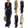 Robe chemise d'été pour femme à manches longues, col en V, boutonnée, ceinturée, longue, style bohème, froncée, tenues de vacances à la plage