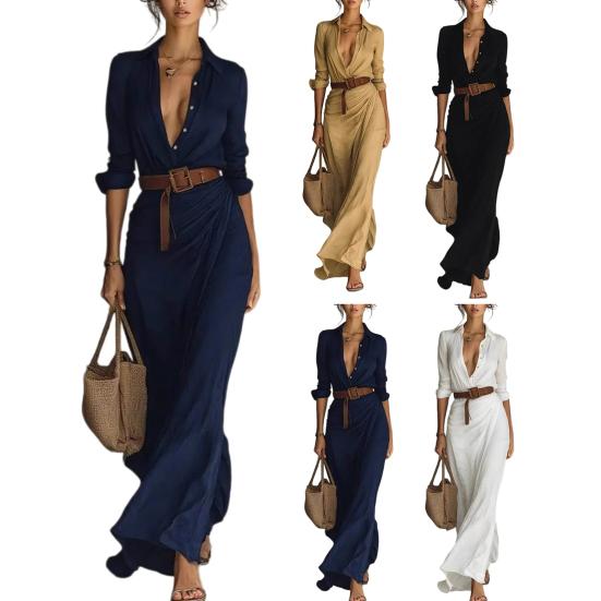 Robe chemise d'été pour femme à manches longues, col en V, boutonnée, ceinturée, longue, style bohème, froncée, tenues de vacances à la plage