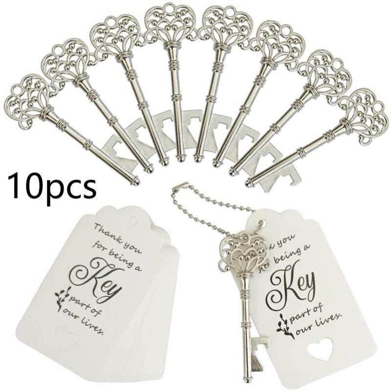 10Pcs/Set Key Shaped Bottle Opener Keychain Zinc Alloy Copper Silver Keyring Beer Can Unique Creative Gift Home Kitchen