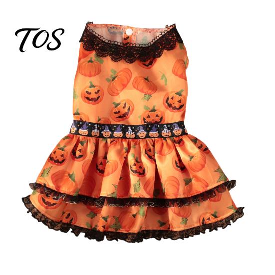 Soft Dog Clothing Halloween Pumpkin Dress, Black Lace Neck Outfit, Ruffled Festive Costume Autumn Pet Party for Small Dogs Holiday Dress