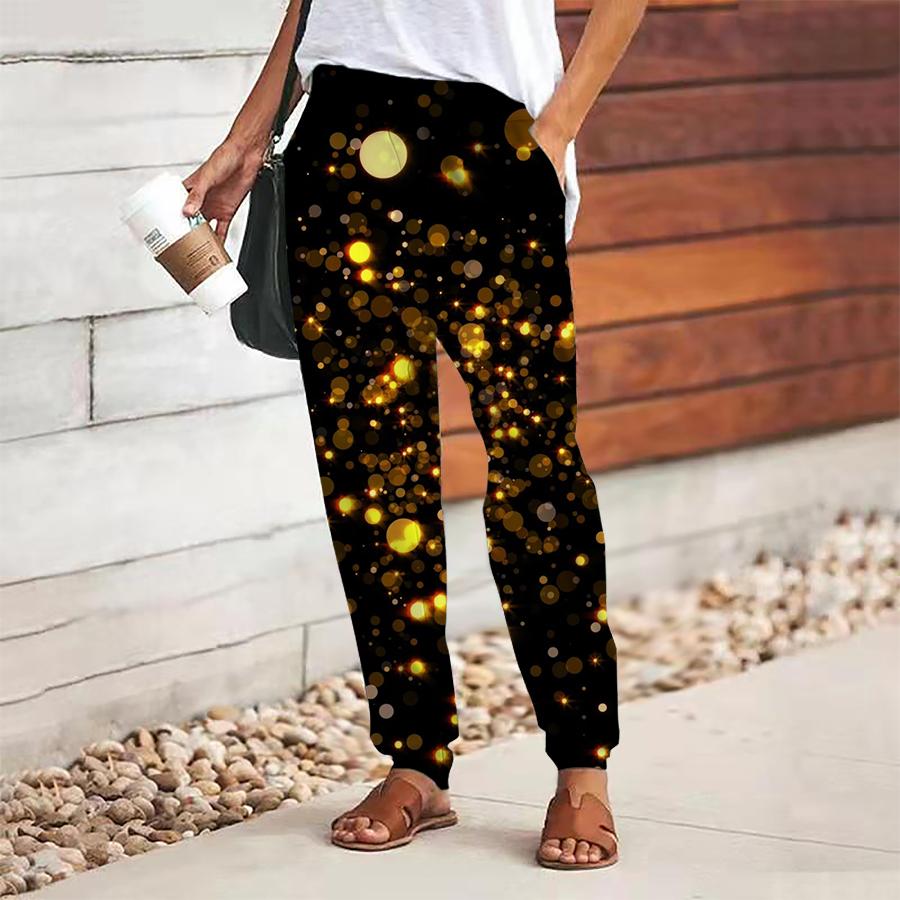 Women Glitter Printing Pants Lace Up Elastic Waist Loose  Trousers Casual Long Pants Trousers with Pockets