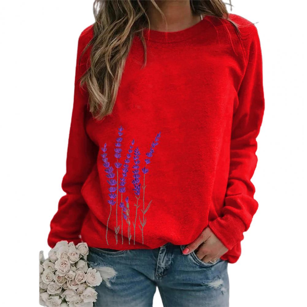 Women Sweatshirt Floral Print O Neck Loose Warm Lady Blouse for Daily Wear