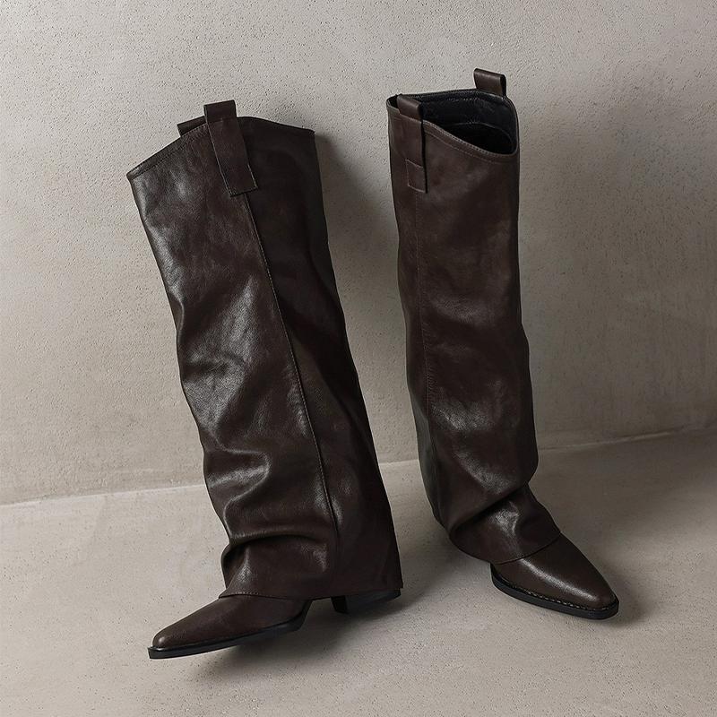 Women's High Boots Elegant Mid Heels Fashion Knee High Shoes 2025 Winter Pumps Chelsea Boots New Walking Leather Mujer De Botas