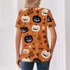 Women Casual Halloween Print V Neck Short Sleeve Button Decor T Shirt Top Lightweight Comfortable Fashionable Design
