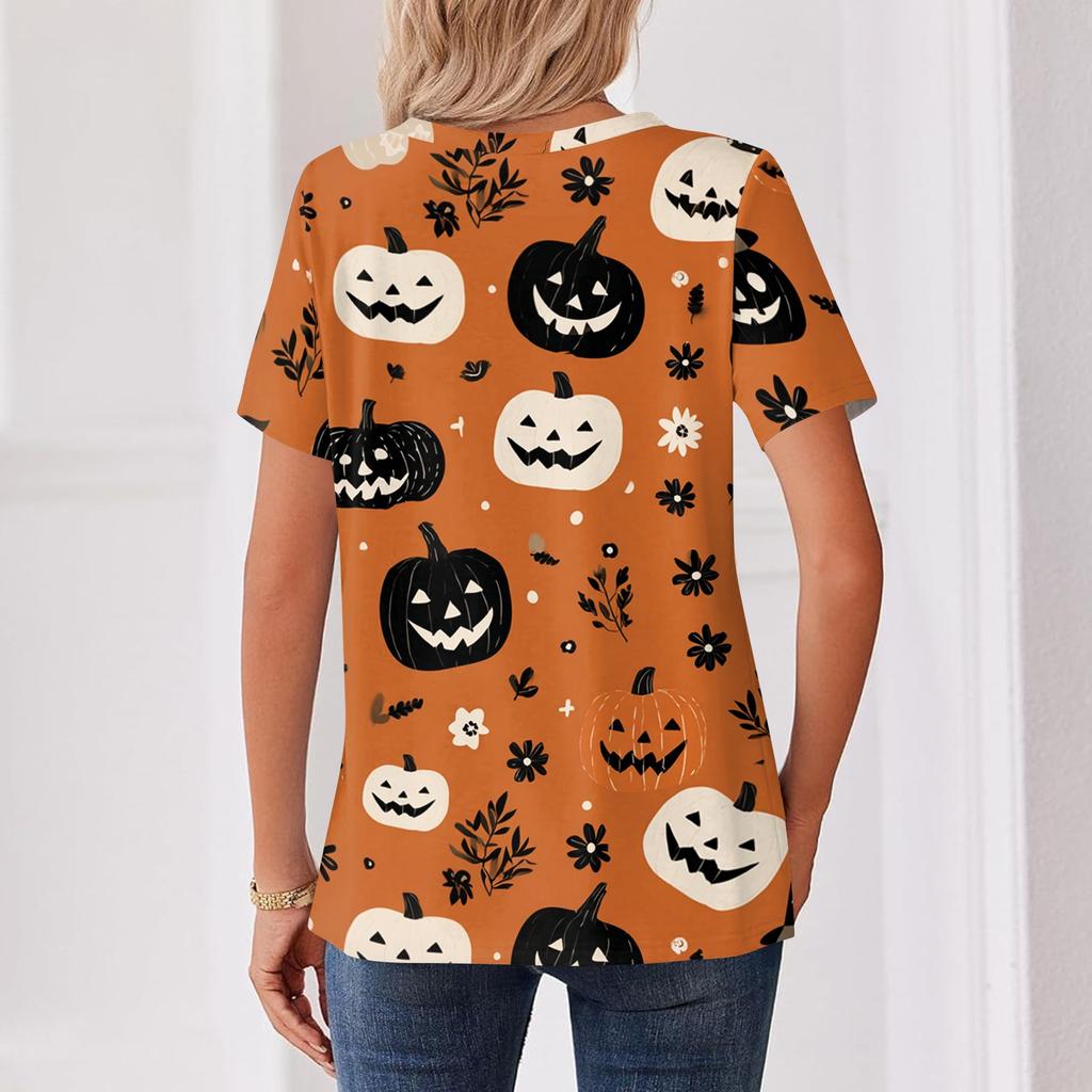 Women Casual Halloween Print V Neck Short Sleeve Button Decor T Shirt Top Lightweight Comfortable Fashionable Design