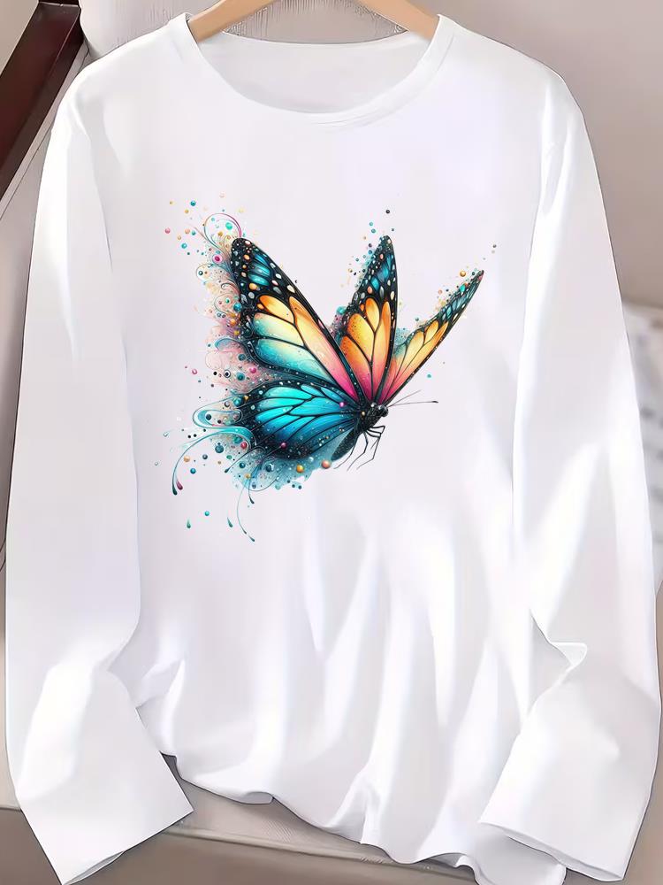 (Asian Size) Trend Butterfly Cute Tee Print T Shirt Women Clothing Autumn Winter Spring Casual Fashion Top O-neck Graphic Long Sleeve T-shirts