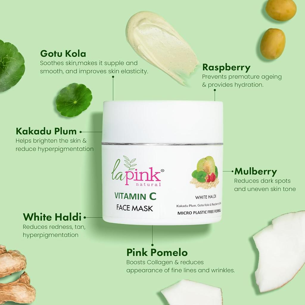 La Pink Vitamin C Face Mask with White Haldi & Kakakdu Plum | For Glowing Bright Skin | 100% Microplastic Free Formula | All Skin Types | 100gm