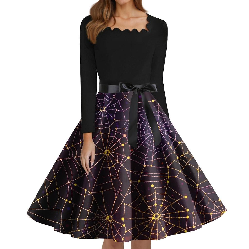 Women's Fashion Square Neck Casual Slim Halloween Printed Long Sleeve Dresses