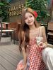 French holiday plaid lace splicing tube top dress summer temperament waist new thin retro dress