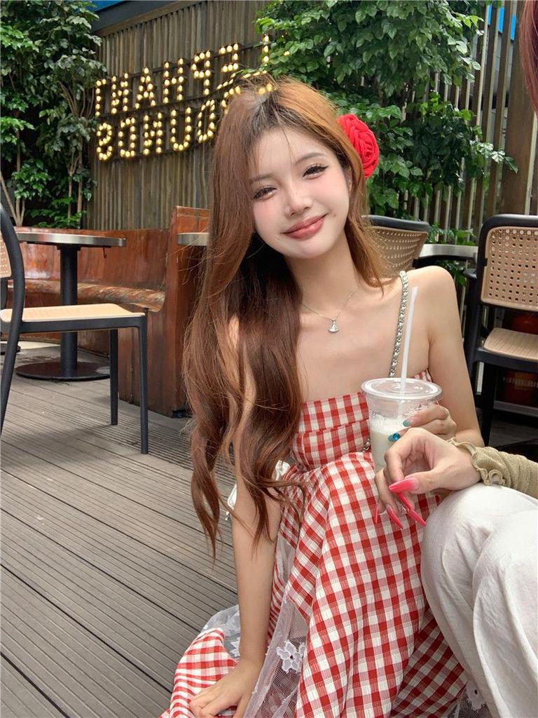 French holiday plaid lace splicing tube top dress summer temperament waist new thin retro dress