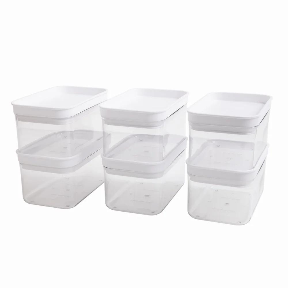 Airtight Rectangular Plastic Food Storage Canister Set of 6 Stackable Clear Containers Kitchen Organization and Freshness