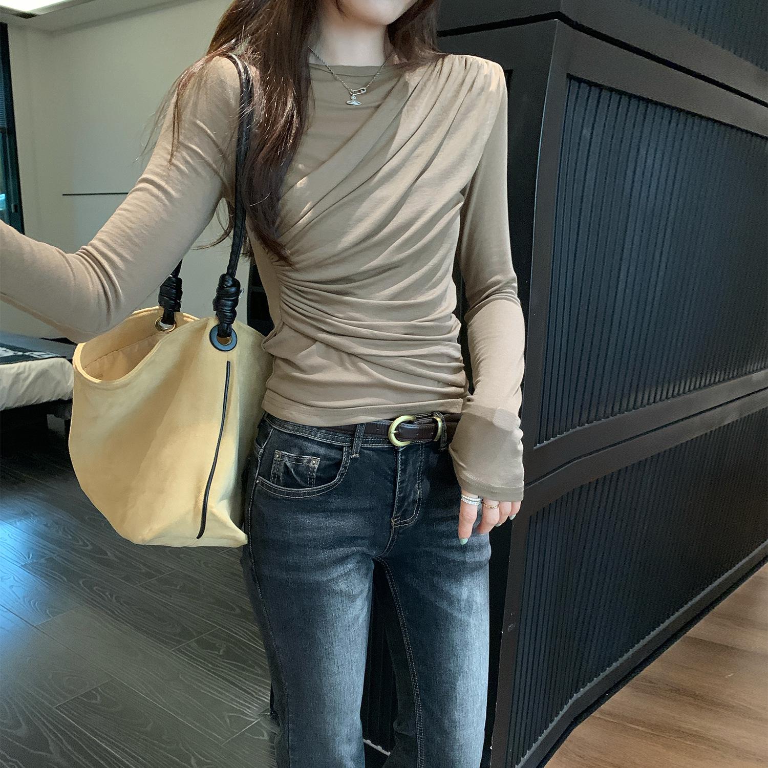 

Women s Korean-Style Wrinkled Round Neck Long Sleeve Base Layer Shirt for Autumn/Winter M бежевый