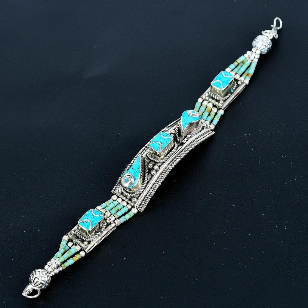 Türkis 925 Sterlingsilber Armband Tibetisches Silber Armband Handgefertigtes Armband Asiatischer Nepal Schmuck Böhmisches Statement Armband Baho Charm Schmuck