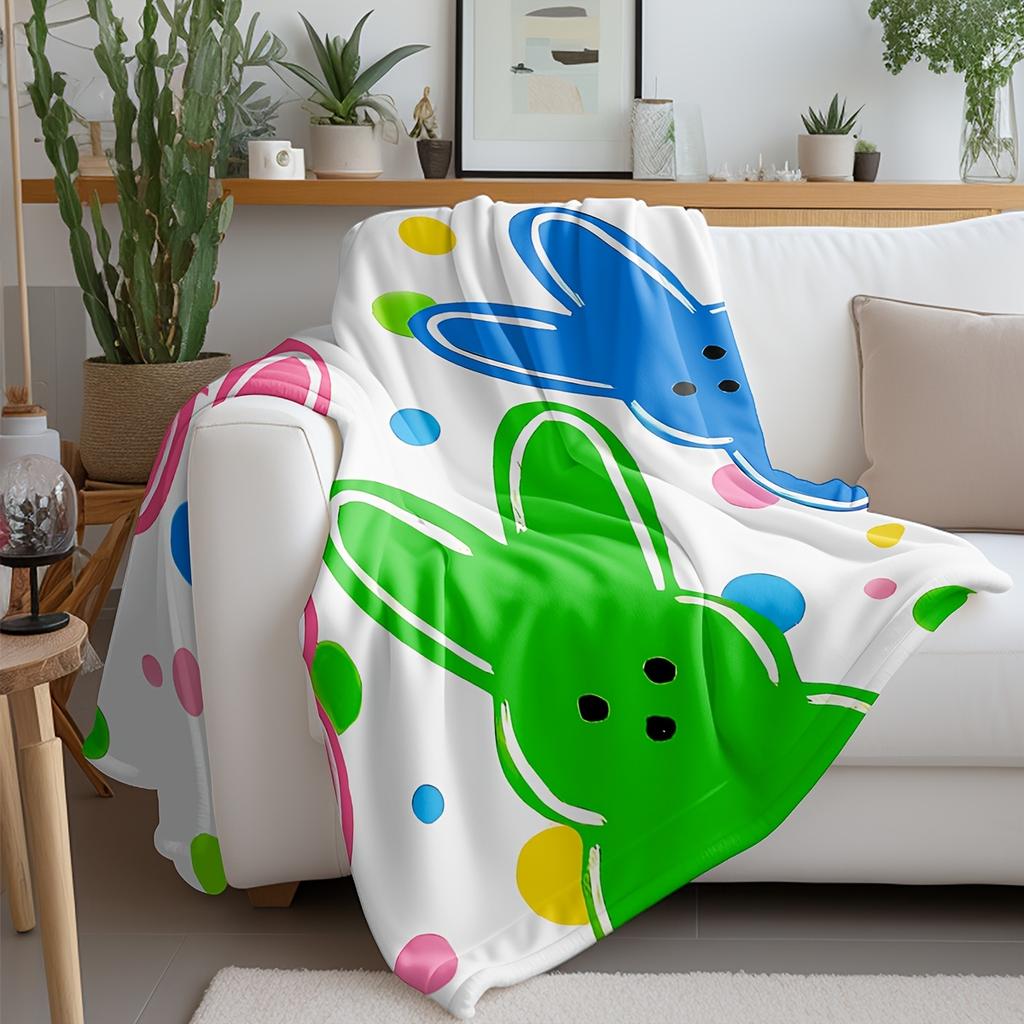 Colorful Easter Bunny Pattern Flannel Throw, Soft Cozy Ideal for Bed Sofa Office Naps Travel Camping, All-Season Gift