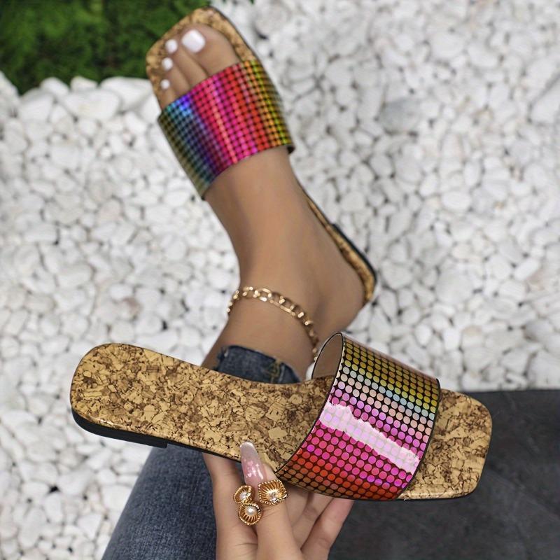 Summer New Rainbow Polka Dot Cool Slippers Women's Non-slip Lightweight Large Size Square Head Beach Shoes