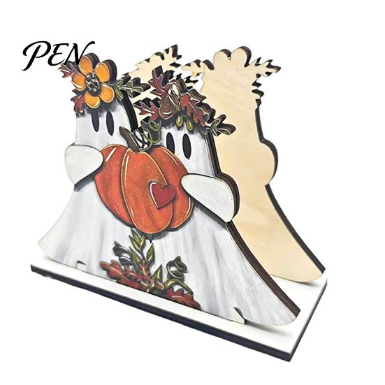 Seasonal Party Gift Halloween Wooden Napkin Holder, Ghost Black Cat Decorative Tabletop Tissue Stand Dispenser, Paper Towel Holder for Holiday Dining