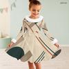 Girls Cream Printed Dress Furry Collar Long Sleeve Bow Waist A Line Flared Hem