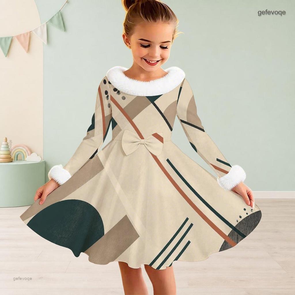 Girls Cream Printed Dress Furry Collar Long Sleeve Bow Waist A Line Flared Hem
