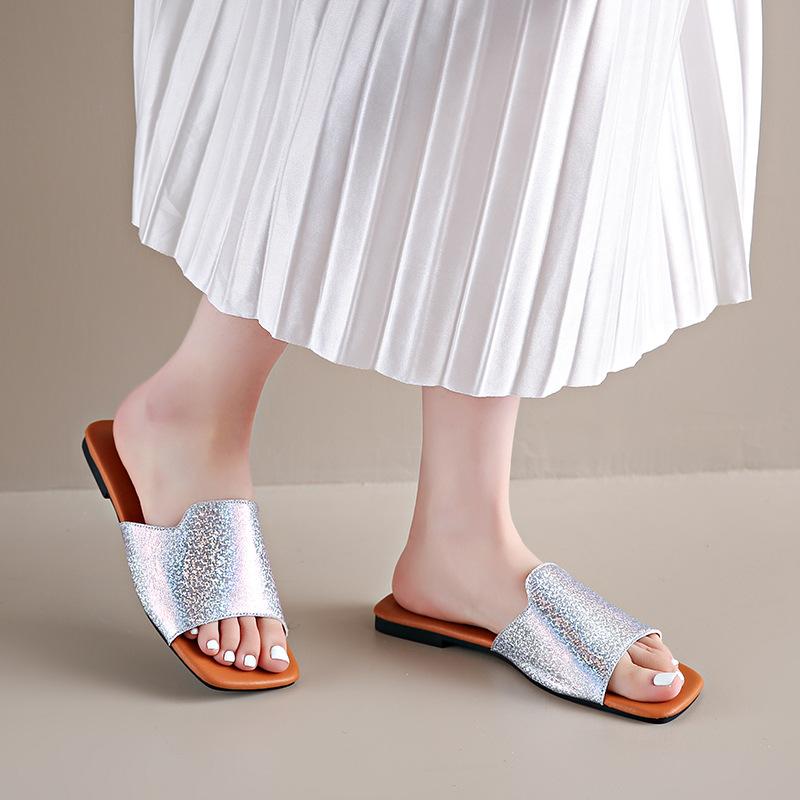 Slippers Casual Square Toe Rhinestone Shoes Flat-bottomed Flip-flops In One Line