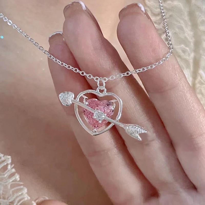 Angel Peach Heart Water Drop Pendant Necklace Jewelry Pink  Girl Sweet Cool Clavicle Chain Aesthetic Y2K Accessories