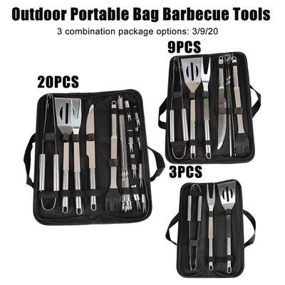9/20Pcs BBQ Tools Set Stainless Steel Heavy Duty Grilling Accessories Kit Grill Utensils Set with Canvas Bag For Camping Outdoor