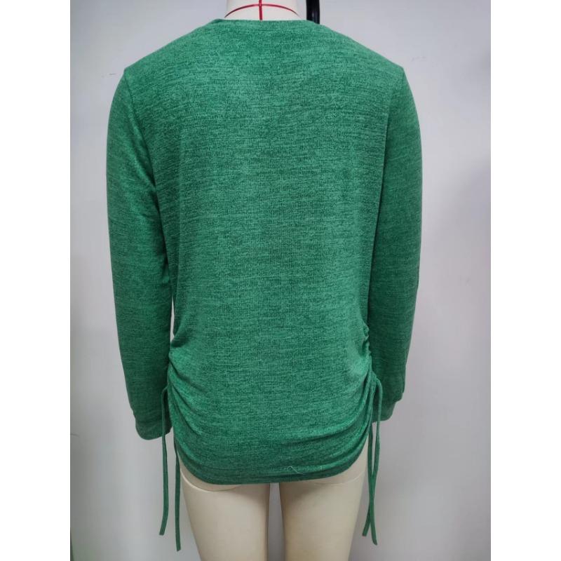 Casual Loose Fit V Neck Solid Color Long Sleeve T Shirt