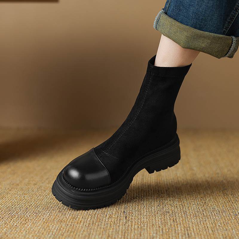 Krazing Pot Microfiber Flock Autumn Winter Shoes Thick Med Heels Size 43 Modern Boots Stretch Ankle Boots