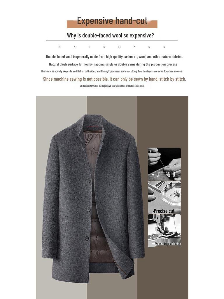 Men's Mid-length Double-sided Cashmere Coat with Detachable Down Liner, Thickened and Warm for Mid-aged