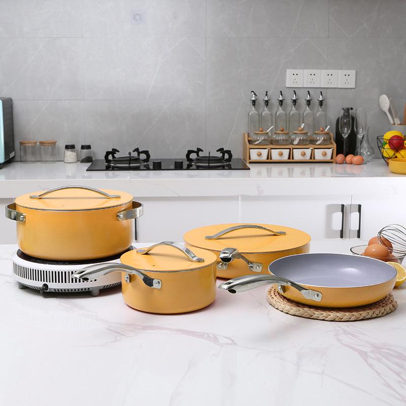 Manufacturer Wholesale 7pcs Classic Eco Friendly Nonstick Ceramic Coating Double Bottom Cookware Set Kitchen Restaurant Cooking