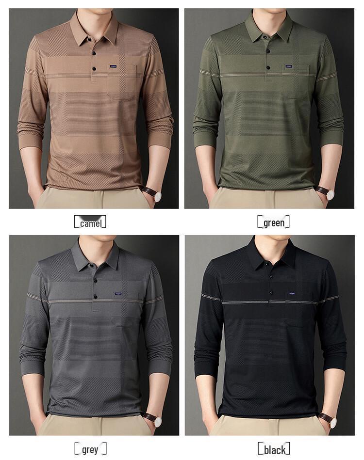 Men's Striped Autumn Cotton Polo - Long Sleeve, Turn-Down Collar, Breathable, Casual Business Shirt
