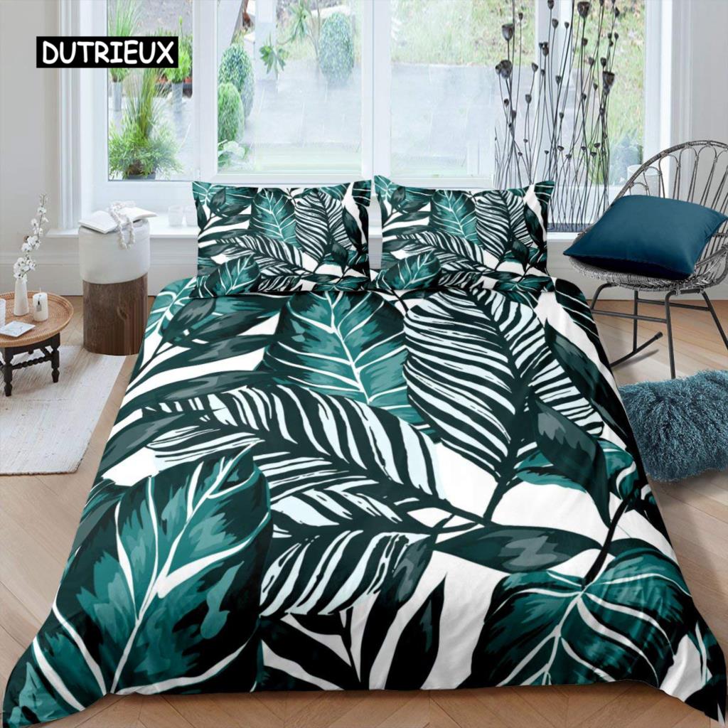 Palm Leaves Duvet Cover King Full Banana Leaves Bedding Set Hawaiian Tropical Leaves Green Branches 2/3pcs Polyester Quilt Cover