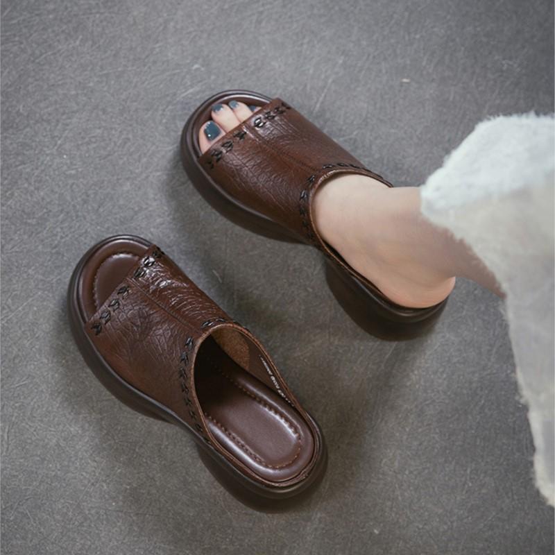 Johnature Genuine Leather Peep Toe Wedges Slippers Versatile Thick Soled Comfortable Women's Outdoor Slides