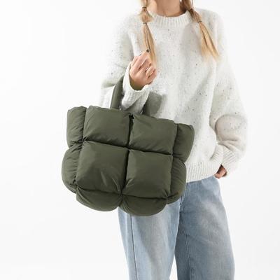 Down Bag Cotton Clothes Handbag Women's 2025 New Women's Checkered Filled Cotton Shoulder Bag Fashionable and Simple Tote Bag