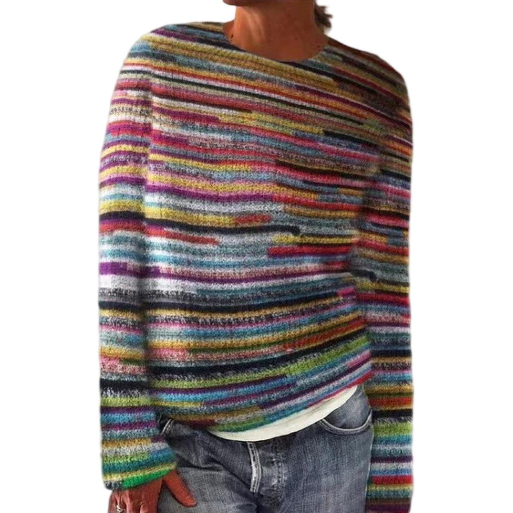 Ladies' Fashion Sweater, Round Neck, Color-block, Loose Pullover Long-sleeved Knitted Shirt Top