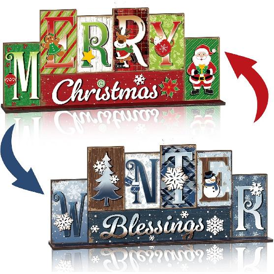 Amyhill Winter Table Decoration Merry Winter Tiered Tray Decor Reversible Centerpiece Decorative Snowman Snowflake Santa Claus Gingerbread Block