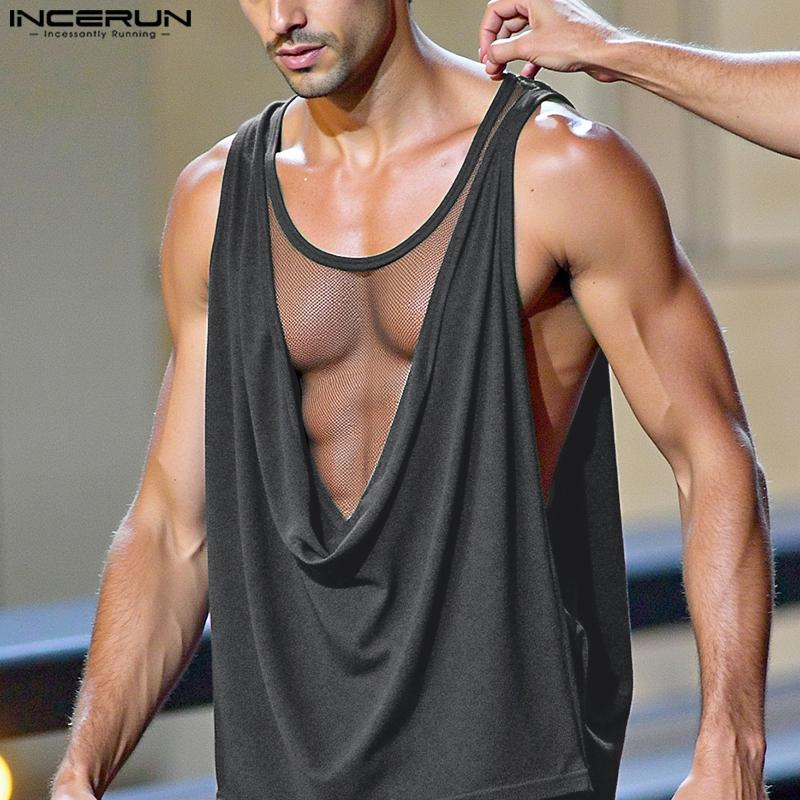 INCERUN Men Low Cut Swing Collar Sleeveless Mesh Patchwork Long Tank Tops Pajamas