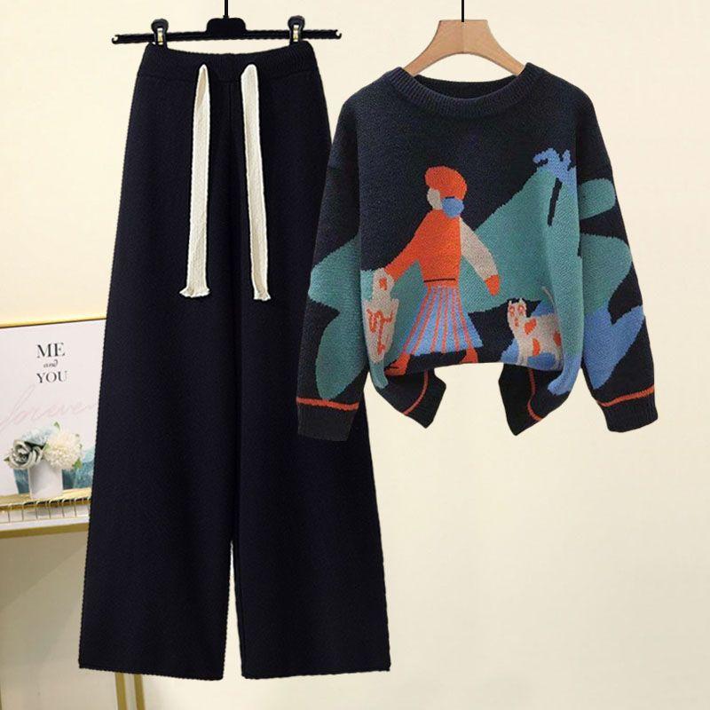 

Женский вязаный комплект из 2 предметов: повседневный теплый свитер-пуловер + вязаные брюки, костюм-двойка, спортивный теплый комплект M