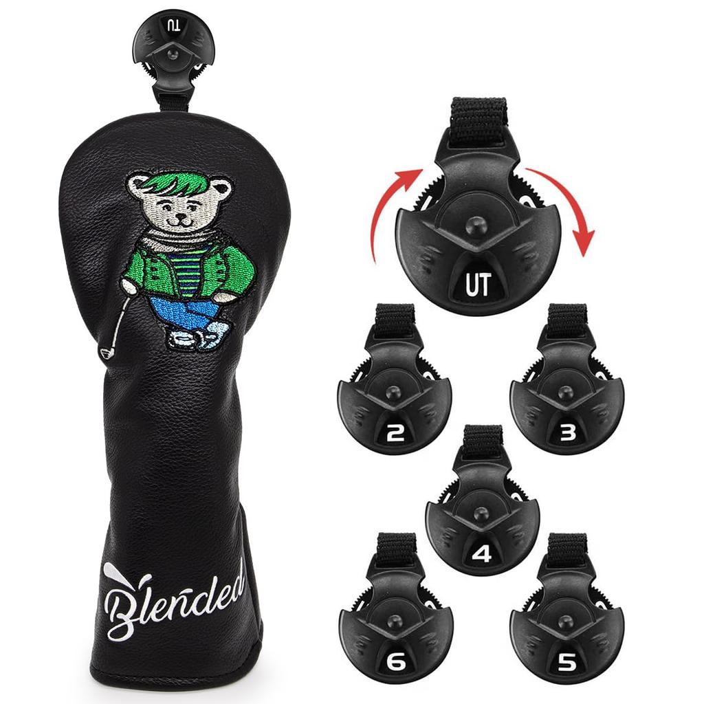 Golf Club Headcovers for Fairway and with Numbered Stylish PU Leather Headcovers with Bear Black UT Drivers, Woods, Utilities, Hybrids, Tags,