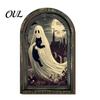 Dark Floral Halloween Decor Arched Wooden Wall Decor, Ghost Cat Hanging Ornament, Distressed Gothic Decorative Picture Frame Tabletop Plaque,