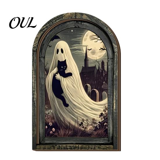 Dark Floral Halloween Decor Arched Wooden Wall Decor, Ghost Cat Hanging Ornament, Distressed Gothic Decorative Picture Frame Tabletop Plaque,