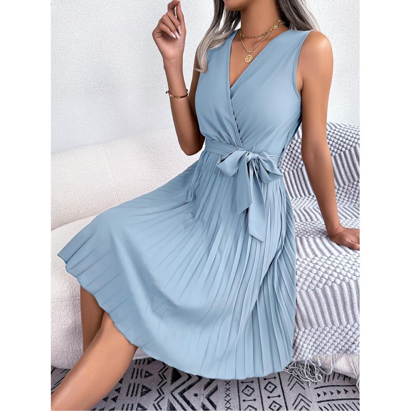 

European and American Spring and Summer Temperament Cross V-neck Sleeve Waist Hugging Pleated Dress Little Short Dress Women clothes Light blue M