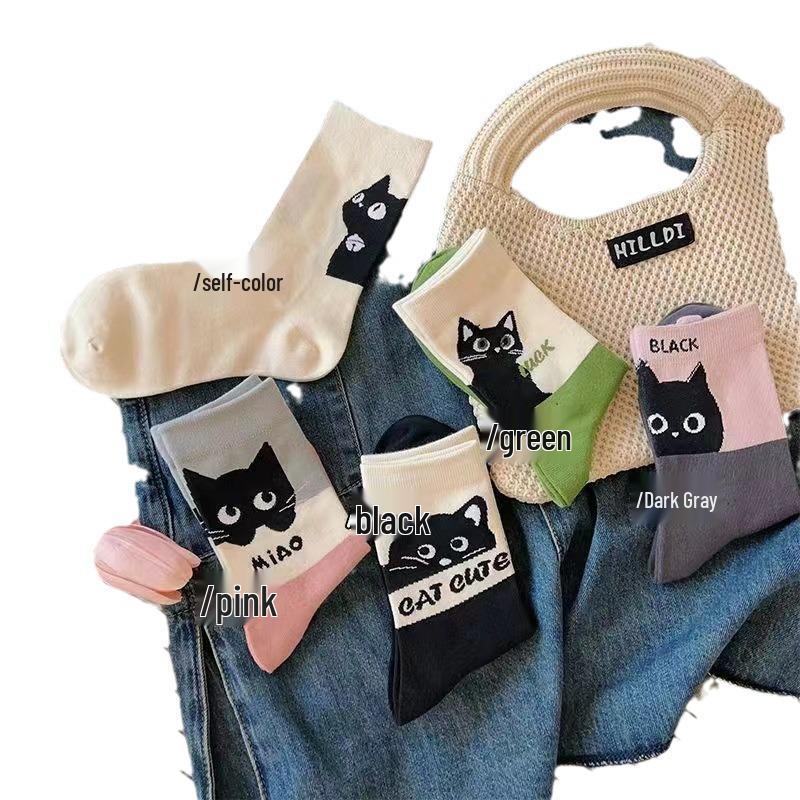 Cute Japanese Cartoon Kitten Mid-Calf Socks for Women - Spring/Summer College Style