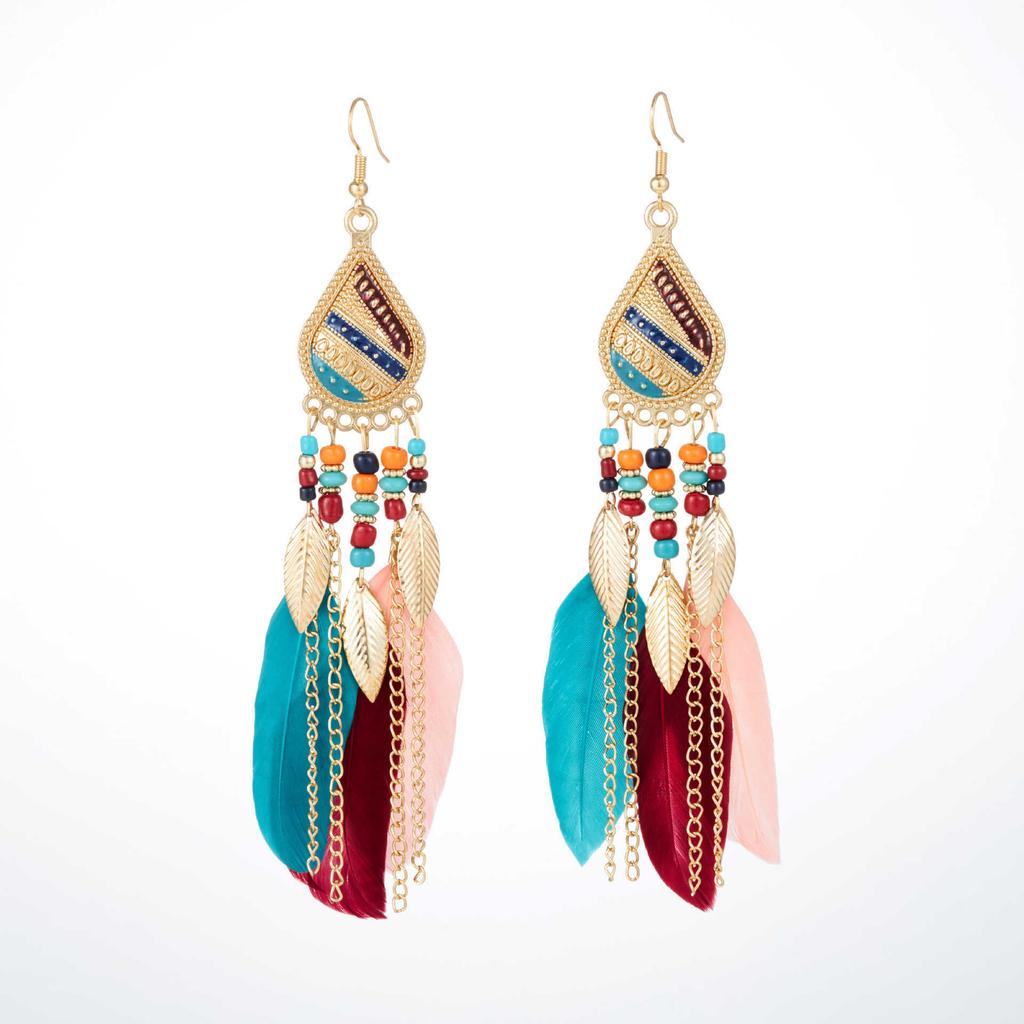 Vintage Bohemian Feather Tassel Earrings Exaggerated Ethnic Vacation Dangle Ear Jewelry Fashion Accessories For Women