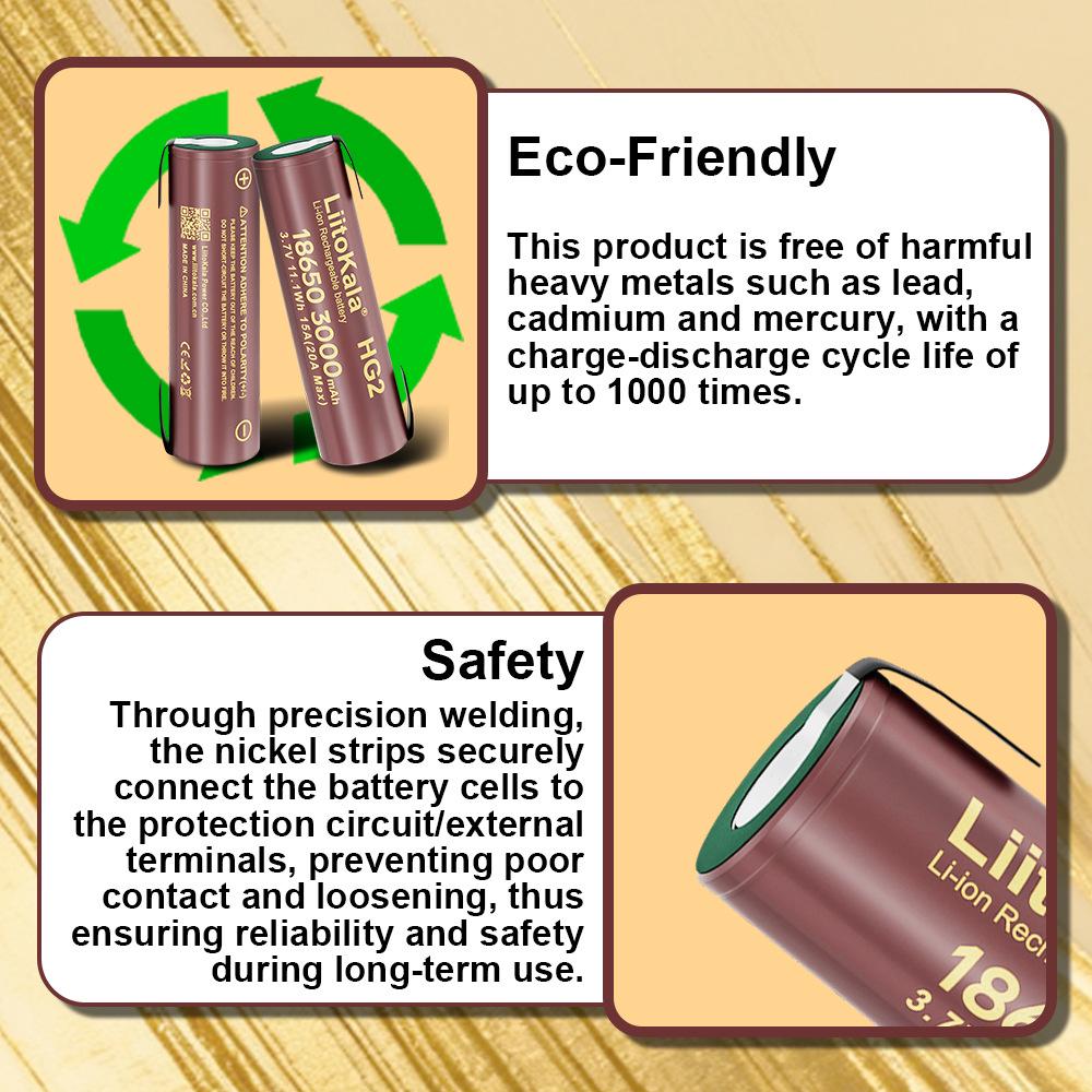 LiitoKala 18650 HG2 3000mAh 3.7V Lithium Battery, 20A Continuous Discharge