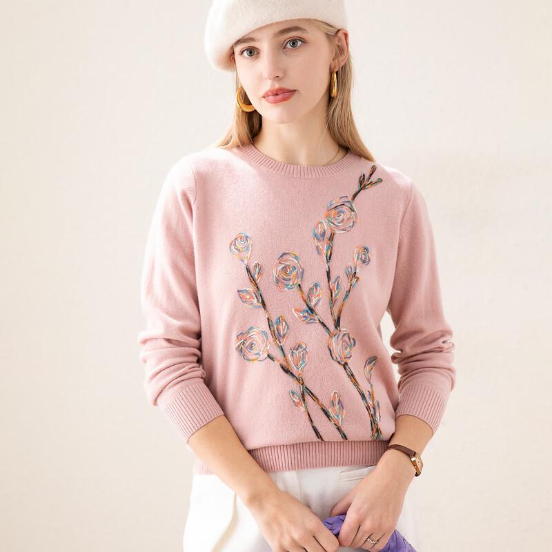 TUHUANG Women's Pure Wool Embroidered Round Neck Sweater