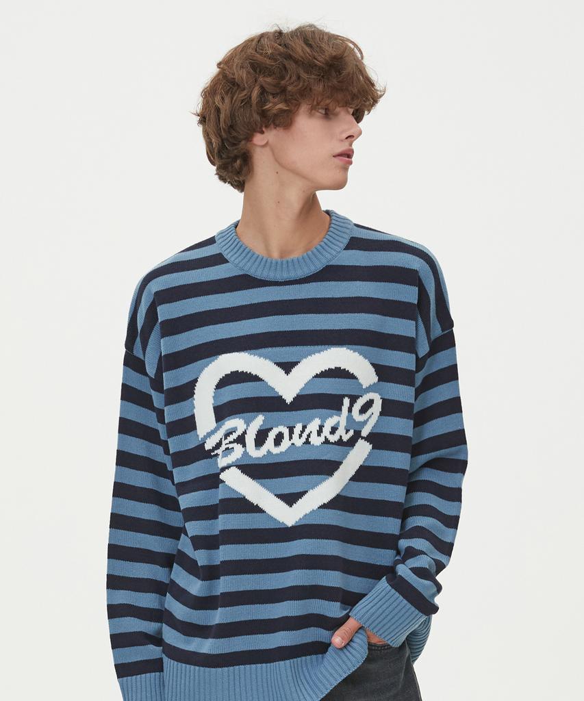 BLOND9 Striped Heart Round Neck Knit_Blue